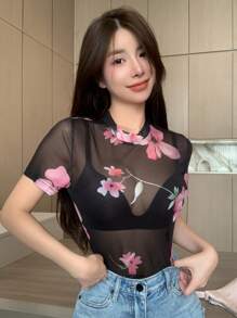 DAZY Floral Print Mesh Top Without Bra Sheer - Multicolor - View 1