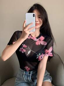 DAZY Floral Print Mesh Top Without Bra Sheer - Multicolor - View 3