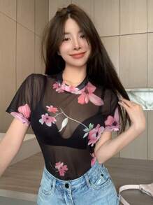 DAZY Floral Print Mesh Top Without Bra Sheer - Multicolor - View 4