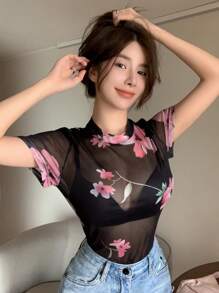 DAZY Floral Print Mesh Top Without Bra Sheer - Multicolor - View 7
