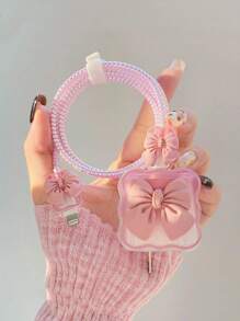 1件套蝴蝶結裝飾熱塑性聚氨酯數據線保護套和充電器頭套 - 淺粉色 - 查看 1