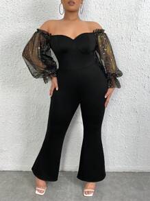 SHEIN SXY Plus Off Shoulder Contrast Mesh Flounce Sleeve Flare Leg Jumpsuit - Black - View 4