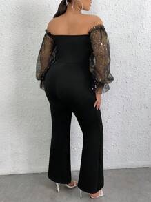 SHEIN SXY Plus Off Shoulder Contrast Mesh Flounce Sleeve Flare Leg Jumpsuit - Black - View 2