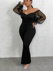 SHEIN SXY Plus Off Shoulder Contrast Mesh Flounce Sleeve Flare Leg Jumpsuit - Black - View 1
