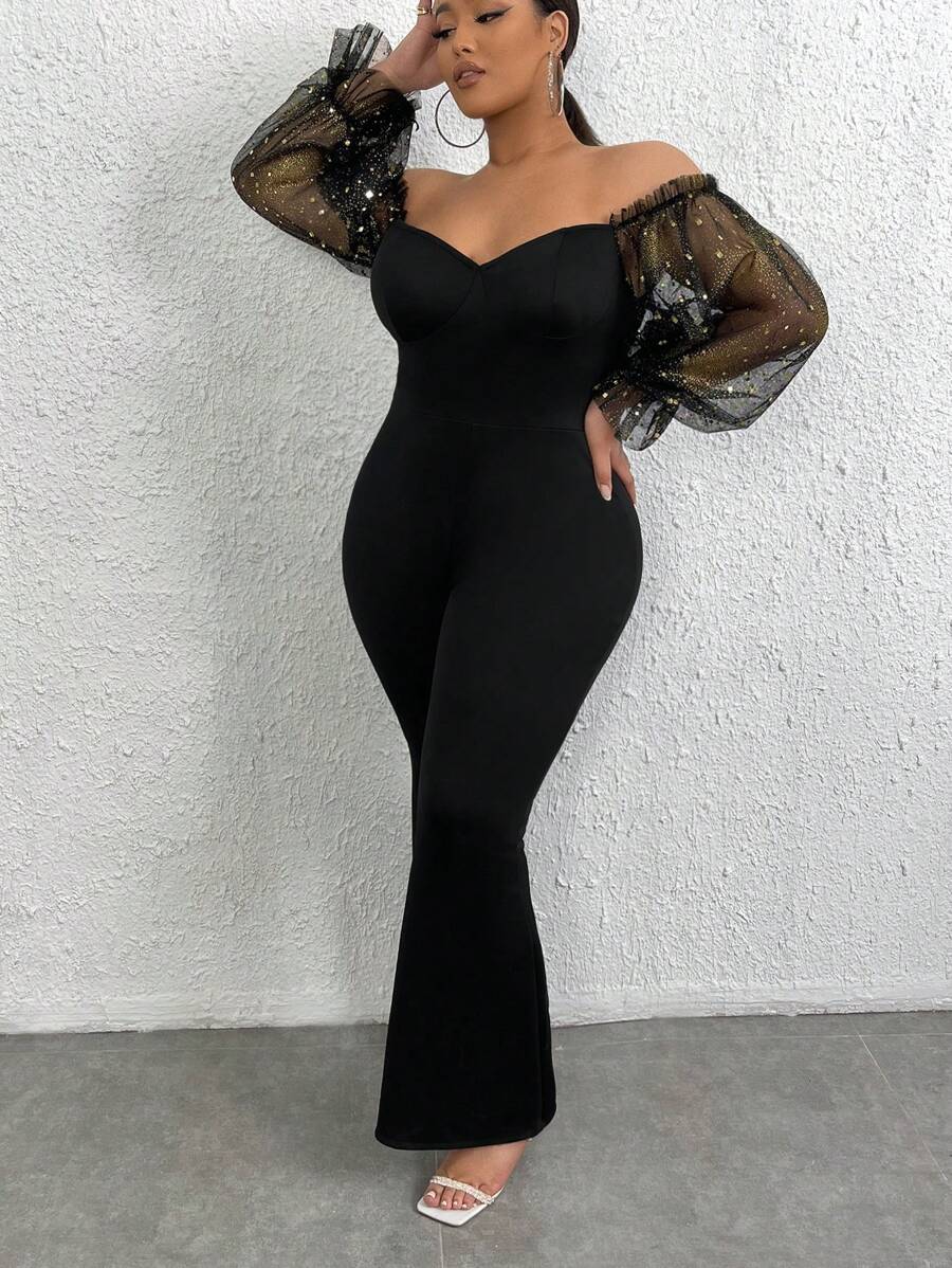 SHEIN SXY Plus Off Shoulder Contrast Mesh Flounce Sleeve Flare Leg Jumpsuit - Black - View 1