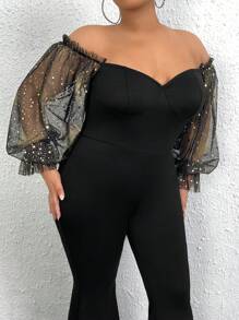 SHEIN SXY Plus Off Shoulder Contrast Mesh Flounce Sleeve Flare Leg Jumpsuit - Black - View 6