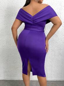 Slaydiva 大碼一字肩褶邊腰帶緊身洋裝 - 紫羅蘭色 - 查看 2