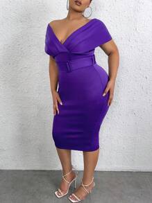 Slaydiva 大碼一字肩褶邊腰帶緊身洋裝 - 紫羅蘭色 - 查看 1