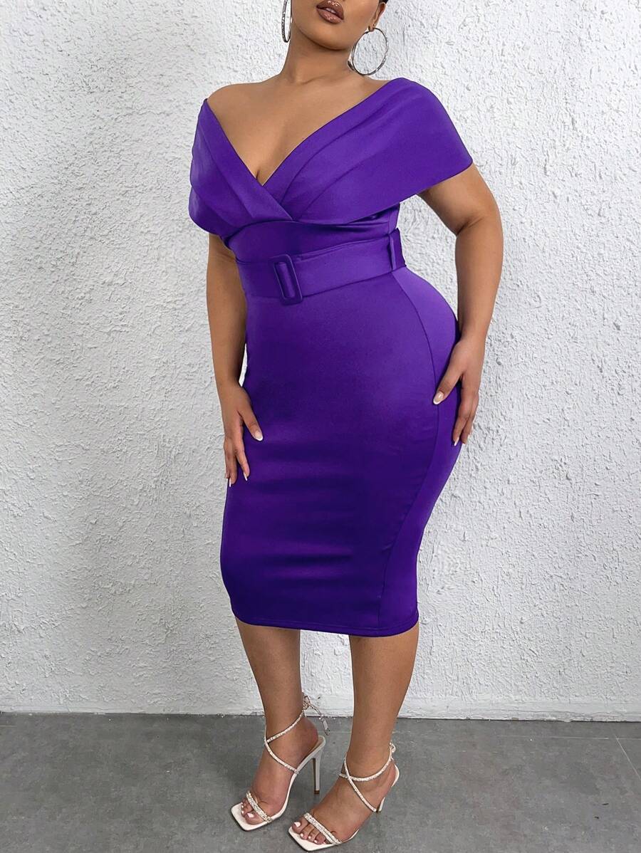 Slaydiva 大碼一字肩褶邊腰帶緊身洋裝 - 紫羅蘭色 - 查看 1