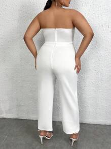 SHEIN SXY Jumpsuits Plus Size Nút đôi Dây kéo Nơ bướm lớn màu trơn Thanh lịch - trắng - Xem 5