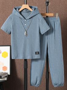 SHEIN Boys Letter Patched Detail Hooded Tee & Pants Set - Dusty Blue - View 1