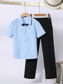 SHEIN 男孩前蝴蝶結前口袋襯衫和褲子套裝 - 彩色 - 查看 1