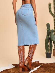 Split Thigh Belted Denim Skirt - Light Wash - View 3