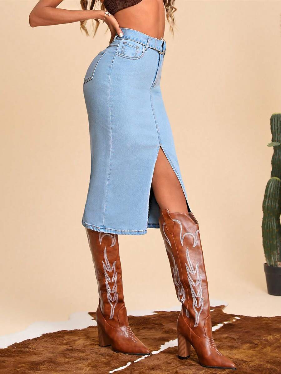 Split Thigh Belted Denim Skirt - Light Wash - View 1