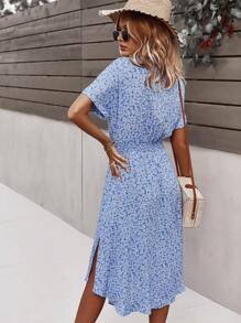 SHEIN LUNE 碎花蝙蝠袖腰帶襯衫洋裝