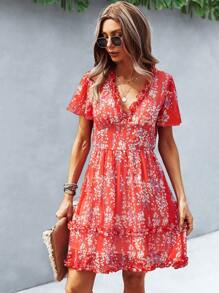 SHEIN Unity Ditsy Floral Print Frill Trim Dress - Red - View 1