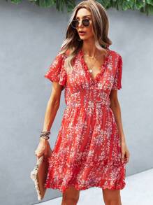 SHEIN Unity Ditsy Floral Print Frill Trim Dress - Red - View 4