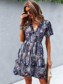 SHEIN Unity Ditsy Floral Print Frill Trim Dress - Navy Blue - View 1