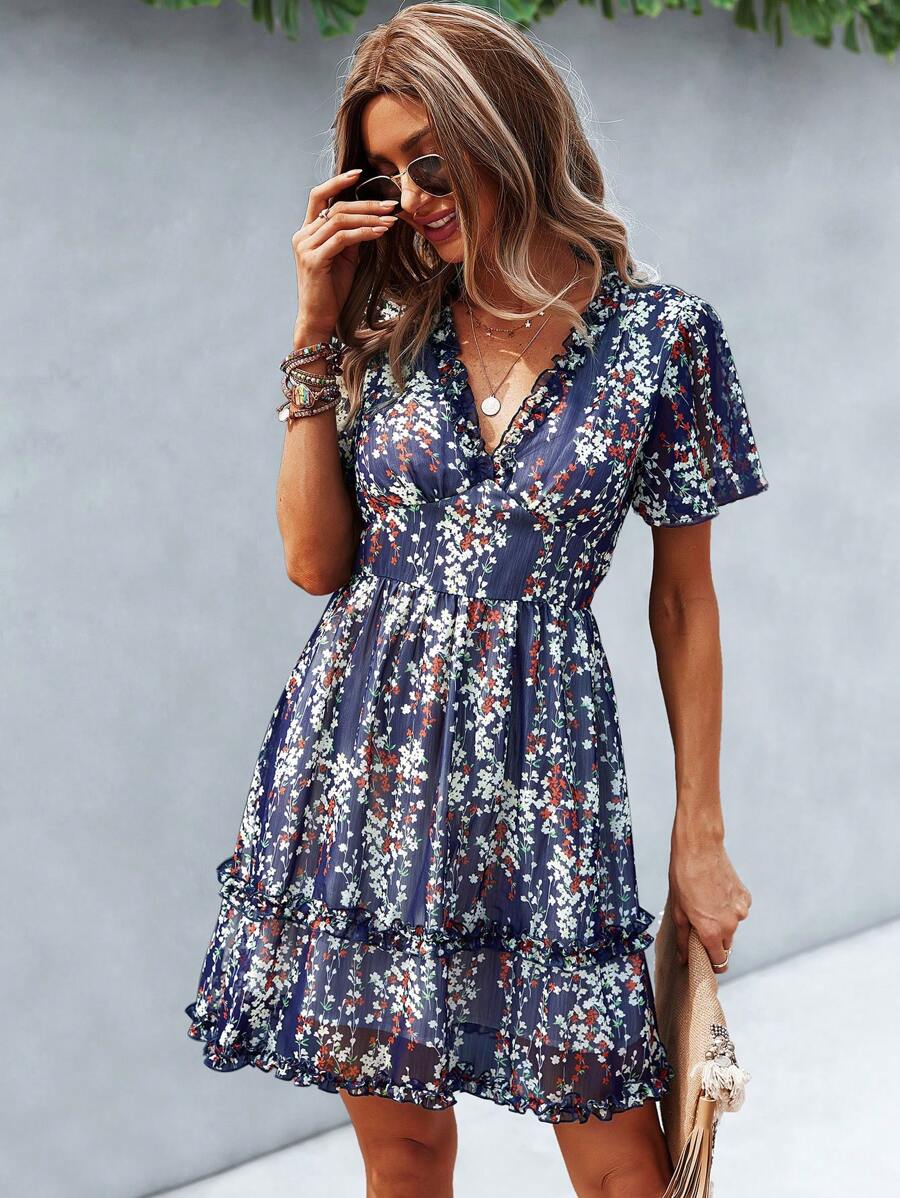 SHEIN Unity Ditsy Floral Print Frill Trim Dress - Navy Blue - View 1