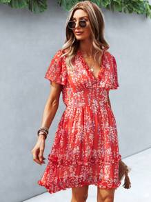 SHEIN Unity Ditsy Floral Print Frill Trim Dress - Red - View 5