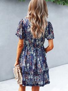 SHEIN Unity Ditsy Floral Print Frill Trim Dress - Navy Blue - View 2