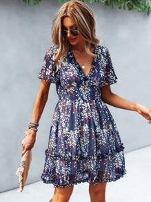 SHEIN Unity Ditsy Floral Print Frill Trim Dress - Navy Blue - View 3