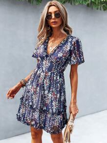 SHEIN Unity Ditsy Floral Print Frill Trim Dress - Navy Blue - View 4