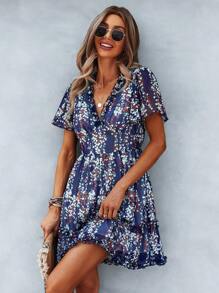 SHEIN Unity Ditsy Floral Print Frill Trim Dress - Navy Blue - View 5