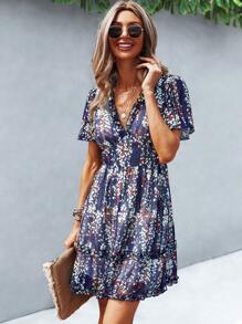 SHEIN Unity Ditsy Floral Print Frill Trim Dress - Navy Blue - View 6