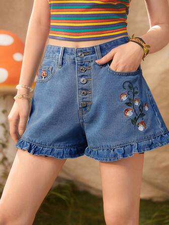 Fairycore Shorts in denim con ricamo funghi con bottone con volant