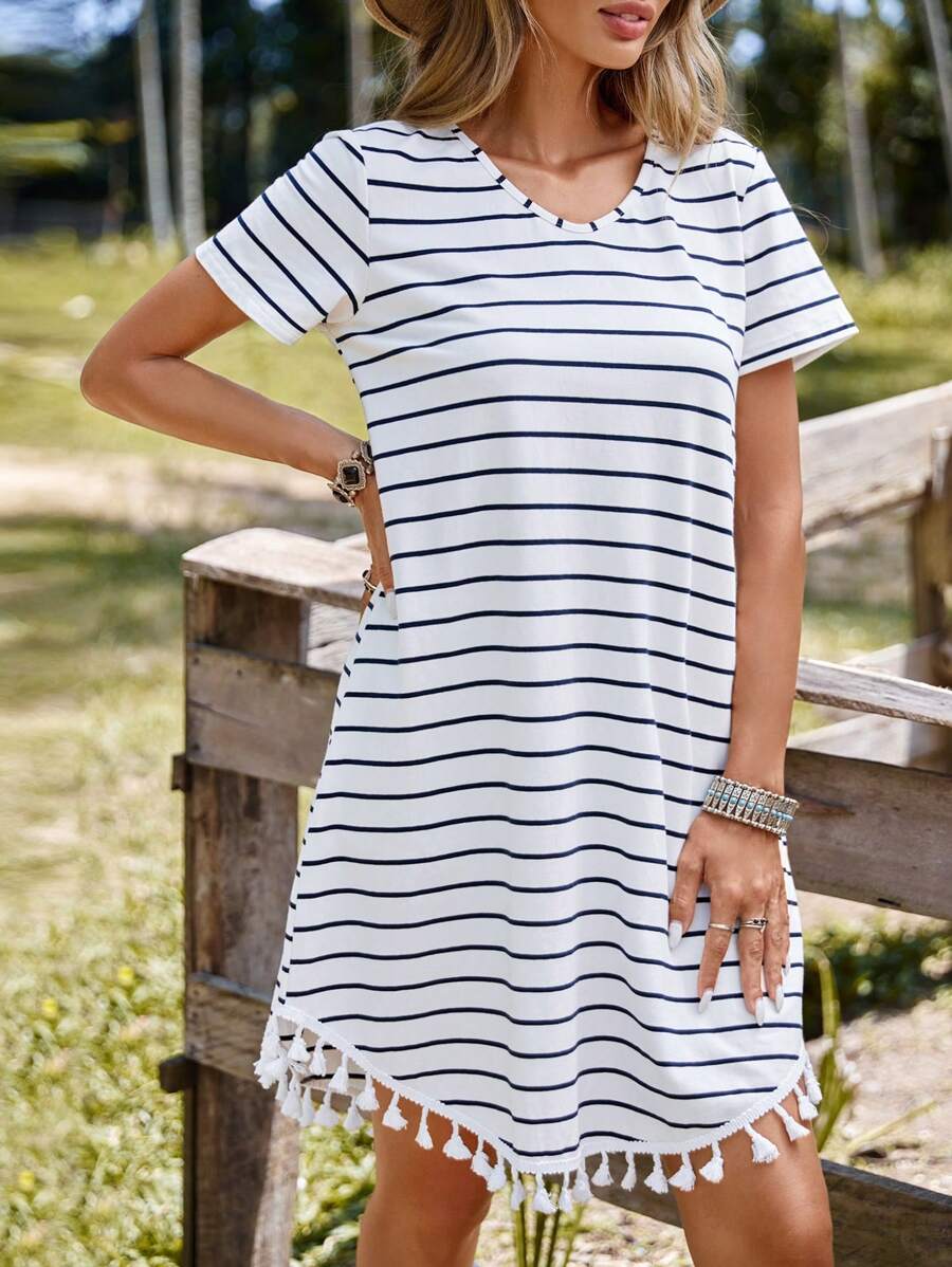 SHEIN LUNE Striped Tassel Trim Asymmetrical Hem Tee Dress - Black and White - View 1