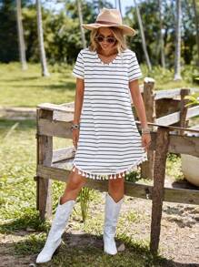 SHEIN LUNE Striped Tassel Trim Asymmetrical Hem Tee Dress - Black and White - View 4