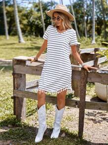 SHEIN LUNE Striped Tassel Trim Asymmetrical Hem Tee Dress - Black and White - View 6