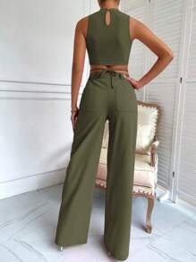 Chiquease 小高領十字交叉後綁帶背心上衣和接縫細節長褲 - 軍綠色 - 查看 2