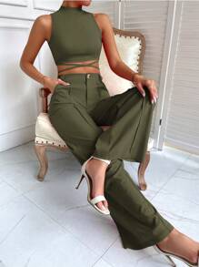 Chiquease 小高領十字交叉後綁帶背心上衣和接縫細節長褲 - 軍綠色 - 查看 3