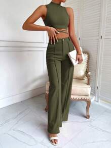 Chiquease 小高領十字交叉後綁帶背心上衣和接縫細節長褲 - 軍綠色 - 查看 4