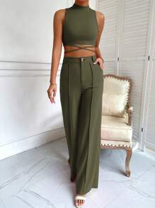 Chiquease 小高領十字交叉後綁帶背心上衣和接縫細節長褲 - 軍綠色 - 查看 5