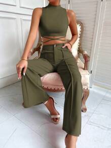 Chiquease 小高領十字交叉後綁帶背心上衣和接縫細節長褲 - 軍綠色 - 查看 6