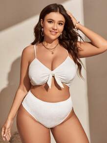 SHEIN Swim Curve Plus Size Knot Front Bikini Set With Beach Skirt Summer Beach - White - View 4