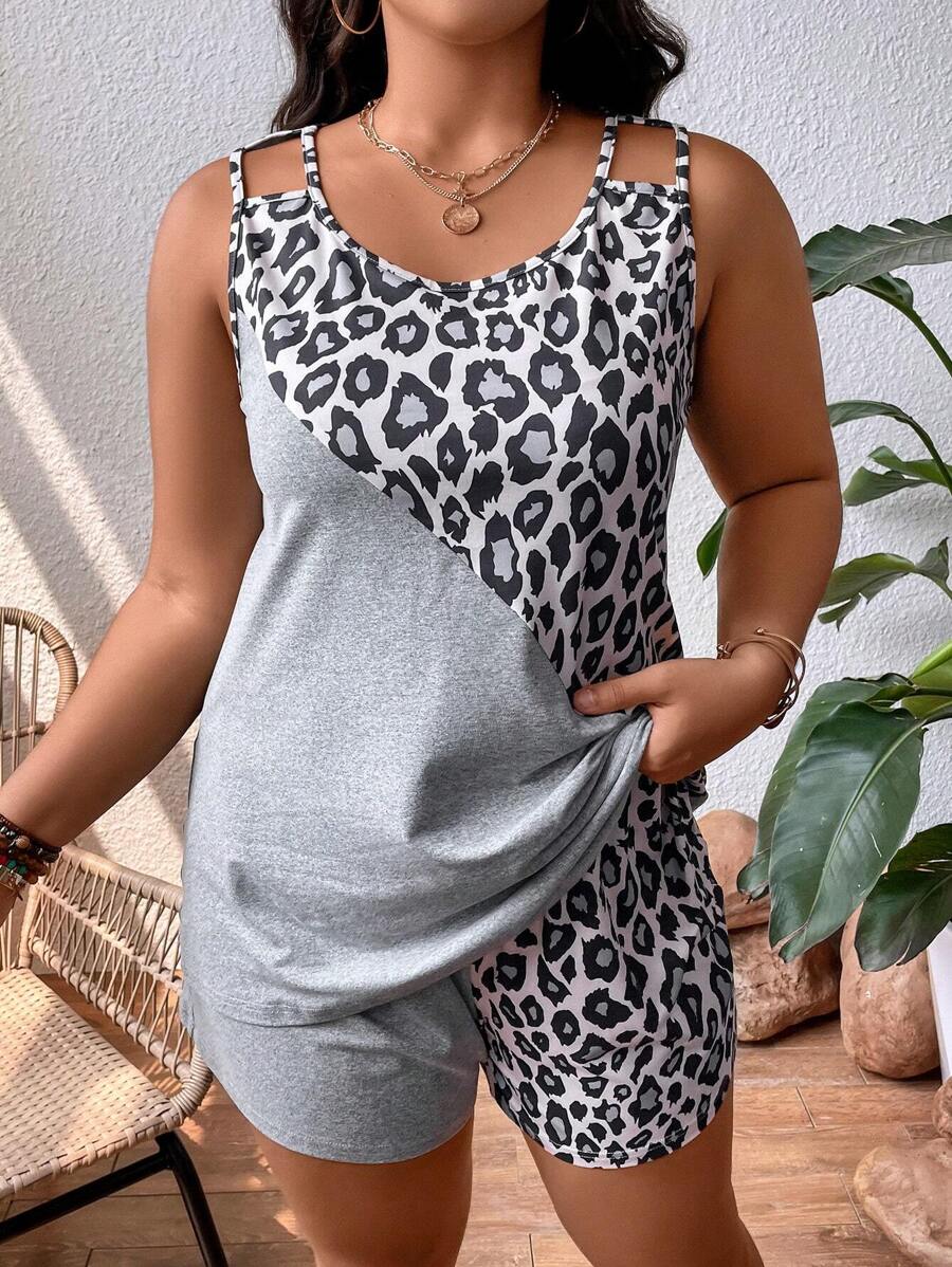 SHEIN LUNE Bộ thời trang Plus Size In hoa Báo In ngẫu nhiên Giải trí - Màu Xám nhạt - Xem 1