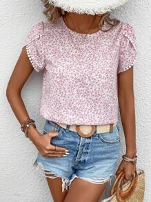 SHEIN LUNE 碎花花瓣袖襯衫 - 淺粉色 - 查看 4