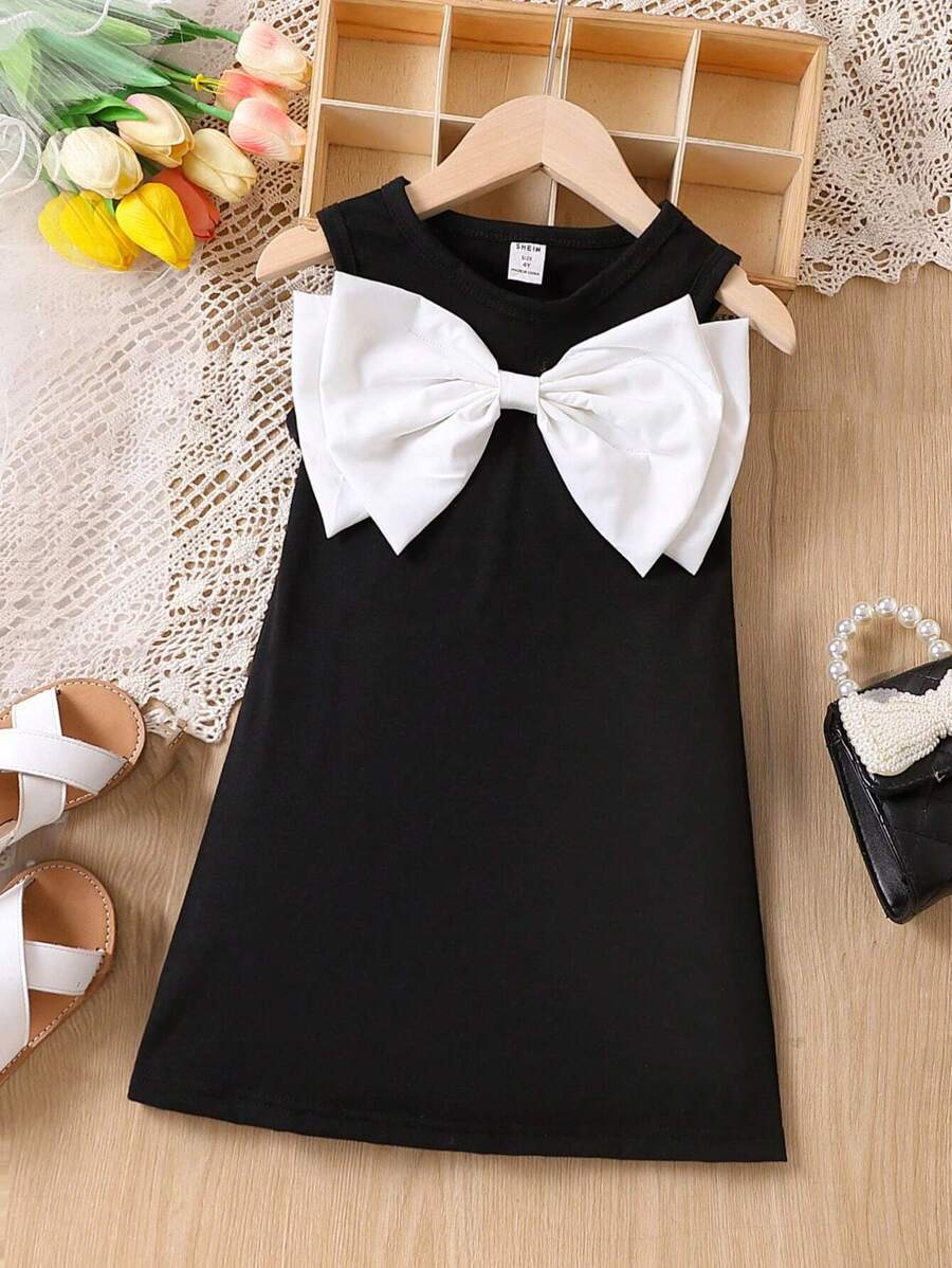 SHEIN Young Girl Bow Front Tank Dress Summer Holiday - Black and White - View 1