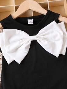 SHEIN Young Girl Bow Front Tank Dress Summer Holiday - Black and White - View 5