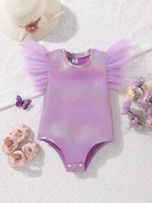 Body para niñas jóvenes con malla de contraste y ribete de volantes - Morado - Ver 1