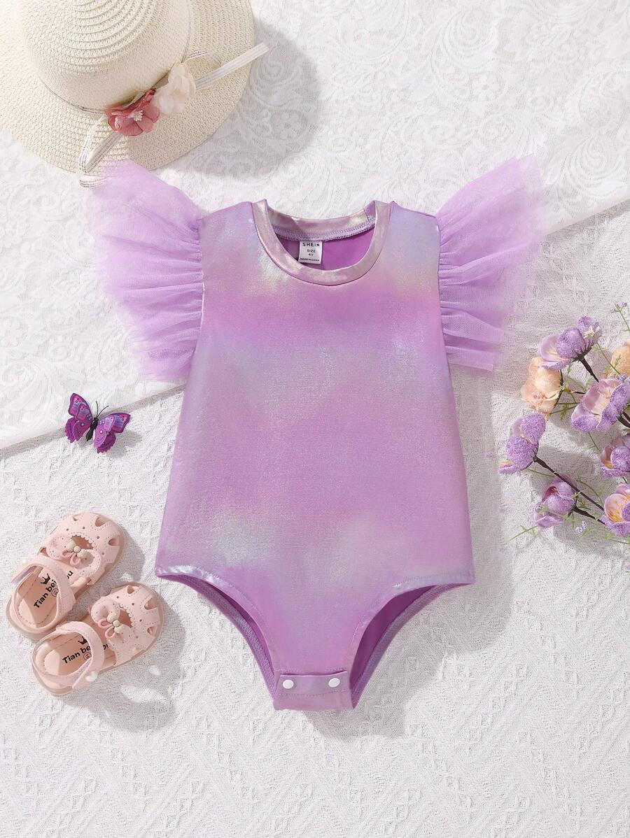 Body para niñas jóvenes con malla de contraste y ribete de volantes - Morado - Ver 1