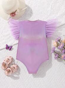 Body para niñas jóvenes con malla de contraste y ribete de volantes - Morado - Ver 2