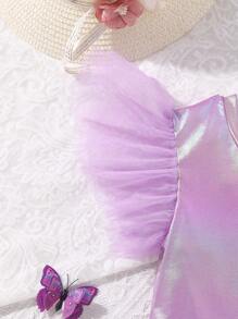 Body para niñas jóvenes con malla de contraste y ribete de volantes - Morado - Ver 3