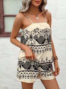 SHEIN Holidaya 幾何印花吊帶背心和短褲 - 杏色 - 查看 4