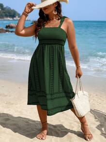 SHEIN Clasi 大碼休閒打結 打褶全身印花連衣裙 - 墨綠色 - 查看 1