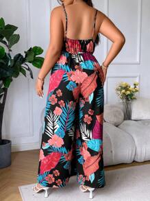 SHEIN Holidaya Plus Tropical Print Wide Leg Cami Jumpsuit - Multicolor - View 2